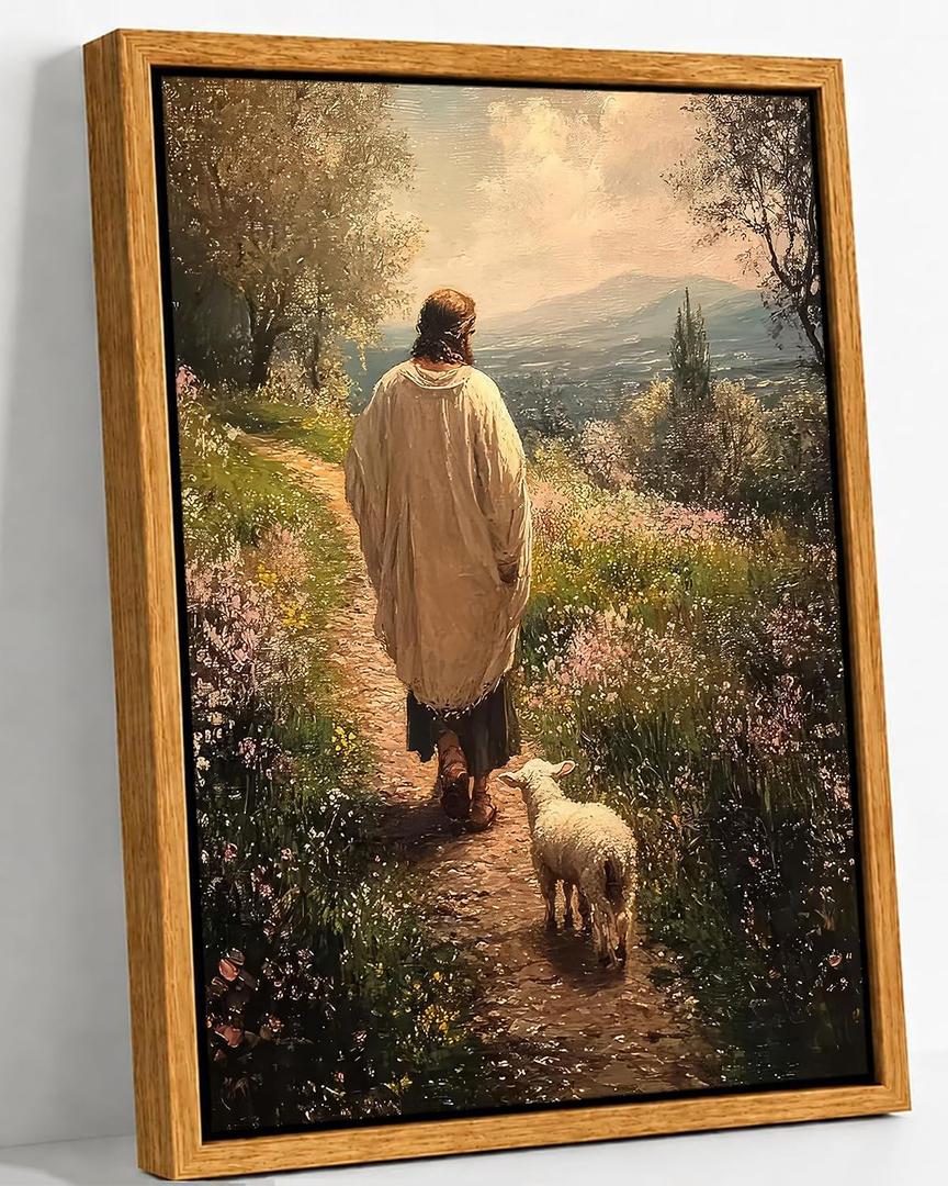 Framed Jesus and Lamb Canvas Wall Art,Jesus Leaves the 99 Sheep Picture,Vintage Christian Poster Print,Religious Artwork Wall Decor for Church Living Room Bedroom16x24in