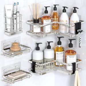 YASONIC Shower Caddy Corner, 5-Pack Shower Caddy Organizer with 4 Removable Hooks and Soap Holder, Rustproof Shower Shelves for No Drilling Large Shower Organizer Corner - Silver (5pack)