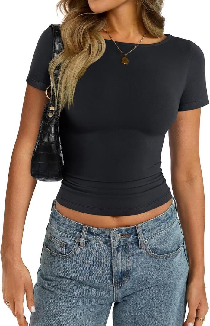 Womens Cotton Boat Neck Short Sleeve Shirts Summer Crop Tops Basic Going Out Tee Fashion Y2K Outfits 2025 (XX-Large, True Black)