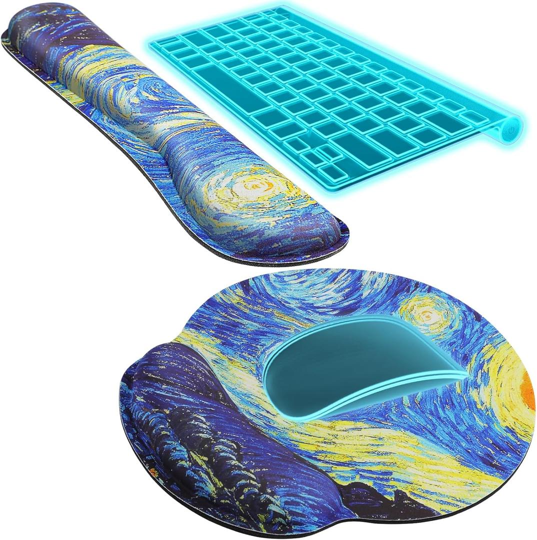 KTRIO Ergonomic Keyboard Wrist Rest and Mouse Pad with Wrist Rest Set, Memory Foam Wrist Support for Typing, Gaming, Office and Home Use, Starry Night