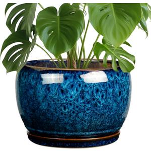 SQOWL 10 Inch Plant Pot - Ceramic Planter Pot with Drainage Hole and Saucer, Decorative Plant Pot for Indoor Outdoor Plants, Round Large Planter Flower Pot, Blue