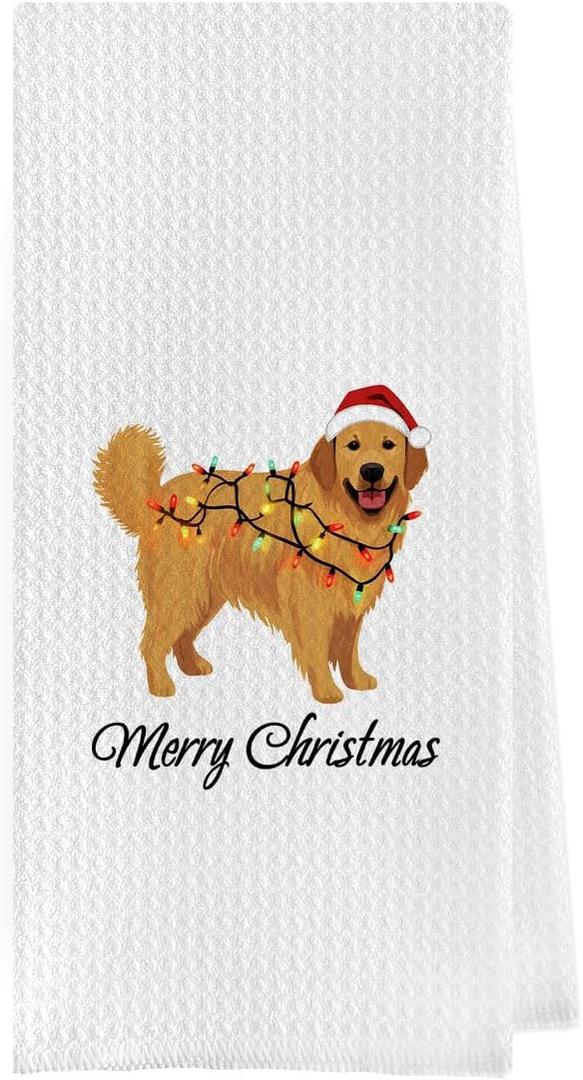Geqtt Christmas Golden Retriever Gifts - Golden Retriever Waffle Weave Decorative Kitchen Towels, Christmas Dog Dish Towels, Hand Tea Towel (16x24 Inches)