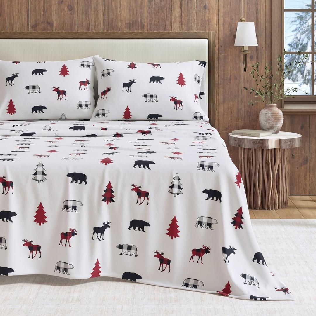 Great Bay Home Flannel Sheet Set Queen Size - 100% Turkish Cotton, Double-Brushed, Lodge-Printed Bed Sheets - Ultra-Soft, Cozy, 4-Piece Rustic Bedding Set (Checkered Moose)