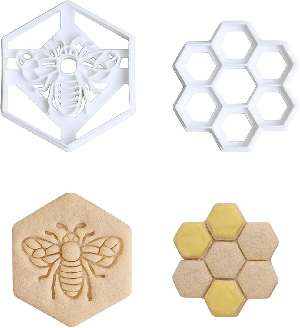 Honey Bee Cookie Cutters, Set of 2 Cute Cartoon Cookie Cutter, Plastic Fondant Mold for DIY Baking Biscuit Cake Candy Chocolate Making, Easy to Clean & Use