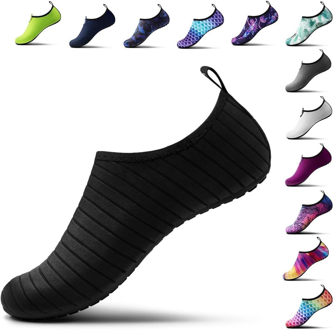 SIMARI Water Shoes for Women Men Swim Aqua Socks Beach Pool Essentials Barefoot Surf River Boat Kayak Sea Yoga Sand Exercise Sport Accessories Breathable Quick-Dry Adult Youth Kid Size SWS001 (10-11 Women/9-10 Men, 3a-stripe Blcak)