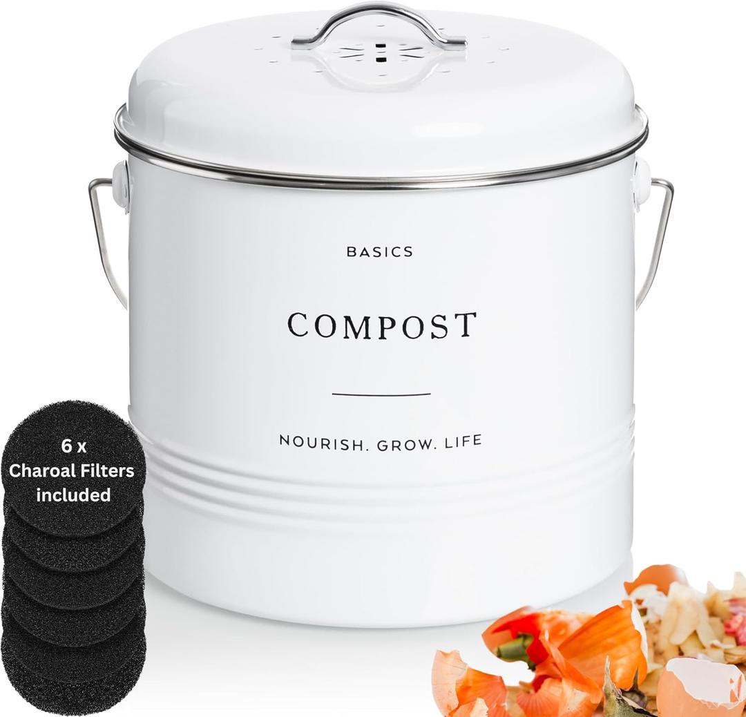 D'Lifeful Kitchen Compost Bin  1.3 Gallon Countertop Farmhouse Compost Container with Lid  Odorless Indoor Food Scrap Pail with 6 Charcoal Filters  Eco-Conscious and Easy to Clean - White