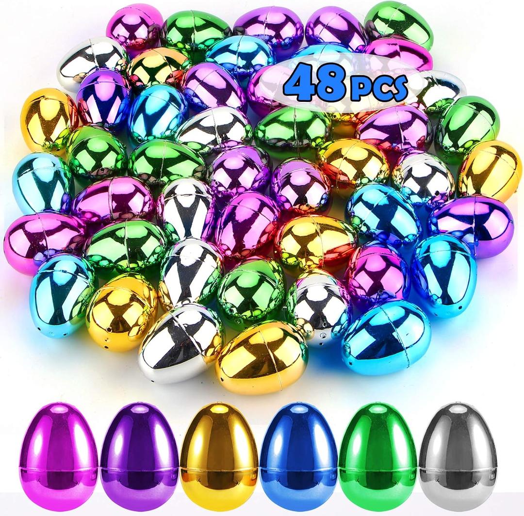 CPPSLEE 48 PCS Plastic Easter Eggs, 2.36" Easter Basket Stuffers for Toddler Kids Baby Boys Girls Teens, Fillable Metallic Gold Easter Eggs