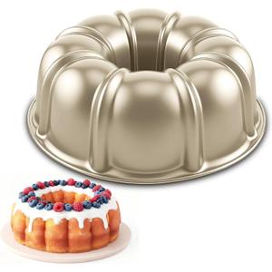 Shinsin Bundt Cake Pan, 10-Inch Nonstick Round Fluted Tube Cake Baking Pan, Buntz Pound Cake Mold, Tube Bakeware, Baking Mold for Jello/ Gelatin/ Chocoflan/ Flan, Non Toxic, Easy Clean - Gold