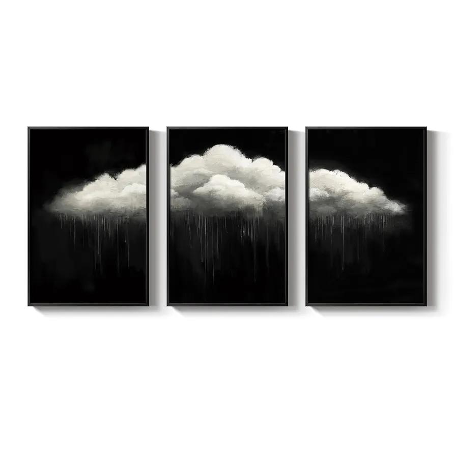 Large Framed Dark Moody Wall Art for Living Room, 3 Piece Academia Goth Canvas Prints Artwork for Walls, Black and White Rainy Cloud Surreal Pictures for Bedroom Wall Decor - Total Size 30x60 Inch