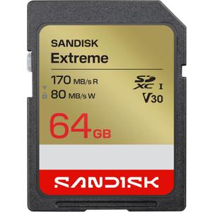 SANDISK 64GB Extreme SD UHS-I Card - Up to 170MB/s Read Speed and 80MB/s Write Speed, 4K UHD Video, U3, V30 - SDSDXV2-064G-GUCIN