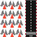 37 Pcs Race Car Party Decorations, 12 Orange Traffic Cones with Holes on Top, 24 Checkered Flags, 1 Racetrack Floor Runner, for Race Car Birthday Party Table Centerpiece Supplies