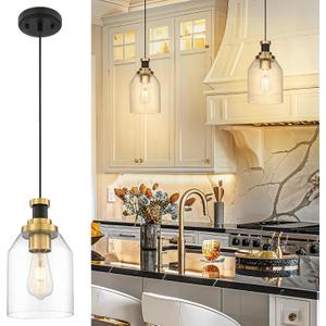 zeyu Large Pendant Lights Kitchen Island, 1-Light Clear Hanging Lights, Clear Glass Shade, Black and Gold Finish, ZG33M1L-L BK+BG, 6.3 Inch, 1-Light