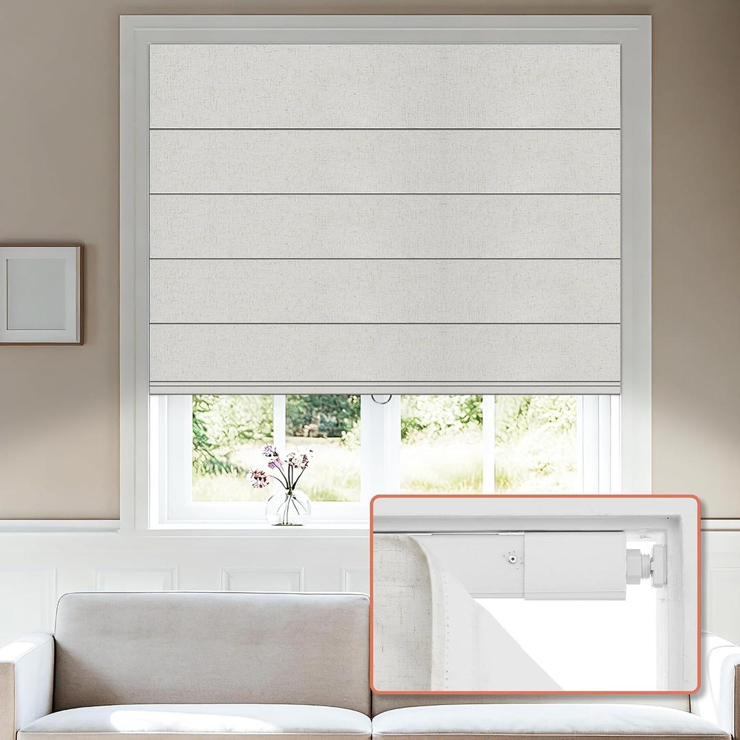 No Tools No Drill Blackout Roman Shades, Beige, 27" W × 64" H