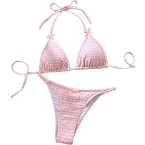 Women's Plaid Gingham Bathing Suit High Waisted Halter Triangle Swimsuit Bikini Set (Medium, Light Pink)