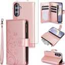 Asuwish Phone Case for Samsung Galaxy S25 FE 5G Wallet Cell Cover with Tempered Glass Screen Protector Strap Flower Flip Zipper Card Holder Slot Stand S 25 EF S25FE 25S 25FE Women Girls Rose Gold