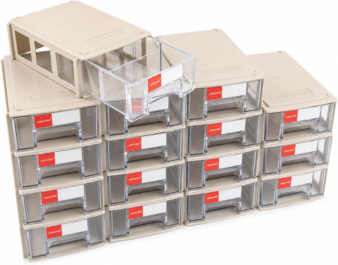 16pc Stackable Plastic Storage Drawers Mini Desk Organizer Gray | Versatile mini desktop storage box 5.5x3.4x1.6", perfect for garage, home, school and office craft organization.