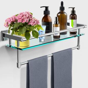 Bathroom Glass Shelf with Towel Rack Organizer Wall-Mounted Bathroom Storage SUS304 Stainless Steel Towel Bar/Track Wall-Mounted Tempered Glass Shelves (Chrome Polished, 20-inch), 20-inch with Railing