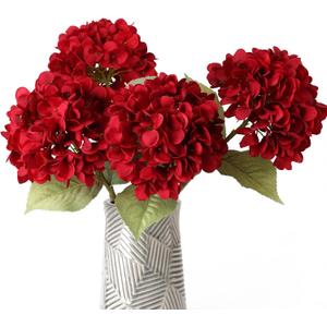Mizii 4 Pcs Burgundy Artificial Hydrangea Flowers Large Fake Silk Hydrangea Flower with Leaves Stems Realistic Faux Hydrangeas Decorations for Wedding Table Centerpieces Vase Home Decor (Burgundy)