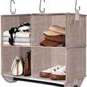 StorageWorks Hanging Closet Organizer with Metal Rod, 4-Section Closet Organizers and Storage, Collapsible Hanging Shelves for Baby Clothes, Shoes, Sweater Storage, Brown and Beige