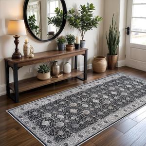 Hallway Washable Runner Rug - 3x6 Kitchen Rugs Entryway Rug Runner Vintage Soft Floor Mat Non Slip Indoor Farmhouse Carpet for Bathroom Living Room Bedroom (3 X 6, Black)