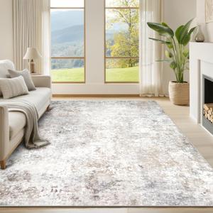 Washable Rugs 6x9 Area Rugs for Living Room,Modern Abstract Rugs for Bedroom,Large Carpets,Ultra Soft Faux Wool Retro Dining Room Rug,Non Slip&Non-Shedding Low Pile Print Rug- Beige Grey