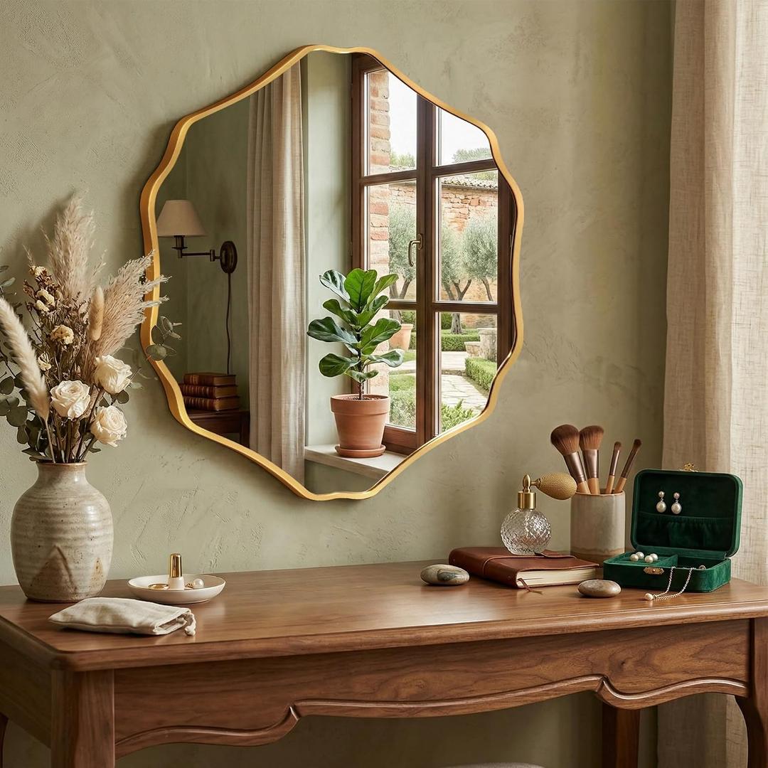 Irregular Hexagon Wall Mirror with Wavy Edge, Modern Decorative Mirror for Bathroom, Bedroom, Living Room, Frameless Vanity Mirror, Gold, 32"L x 28"W
