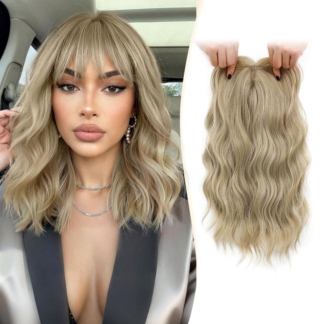 MARJORIE Hair Topper,14inch Wavy Hair Toppers for Women Natural Looking Hairpiece with Wispy Bangs,Volume Booster Wiglet for Full Coverage,Quick Styling for Party/Date Night/Social/Content Creators