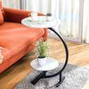 2 Layers Round Marble Texture Small C-Shaped Side Table,Snack Side Table, End Table for Sofa Side Table,Bedside Table for Living Room Kitchen Garden Bedroom