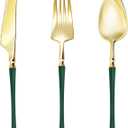 Lullaby 150pcs Gold Plastic Silverware, High End Disposable Cutlery with Dark Green Handle Include 50 Forks, 50 Spoons, 50 Knives, Elegant Silverware for Wedding, Party, Gathering and Daily Use