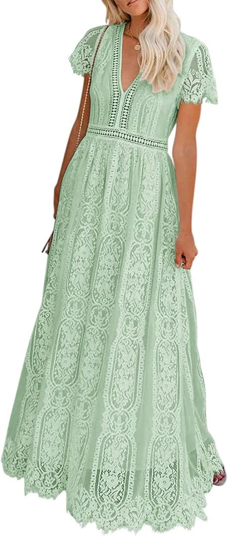 MEROKEETY Women's V Neck Short Sleeve Floral Lace Wedding Dress Bridesmaid Cocktail Party Maxi Dress (Mint)