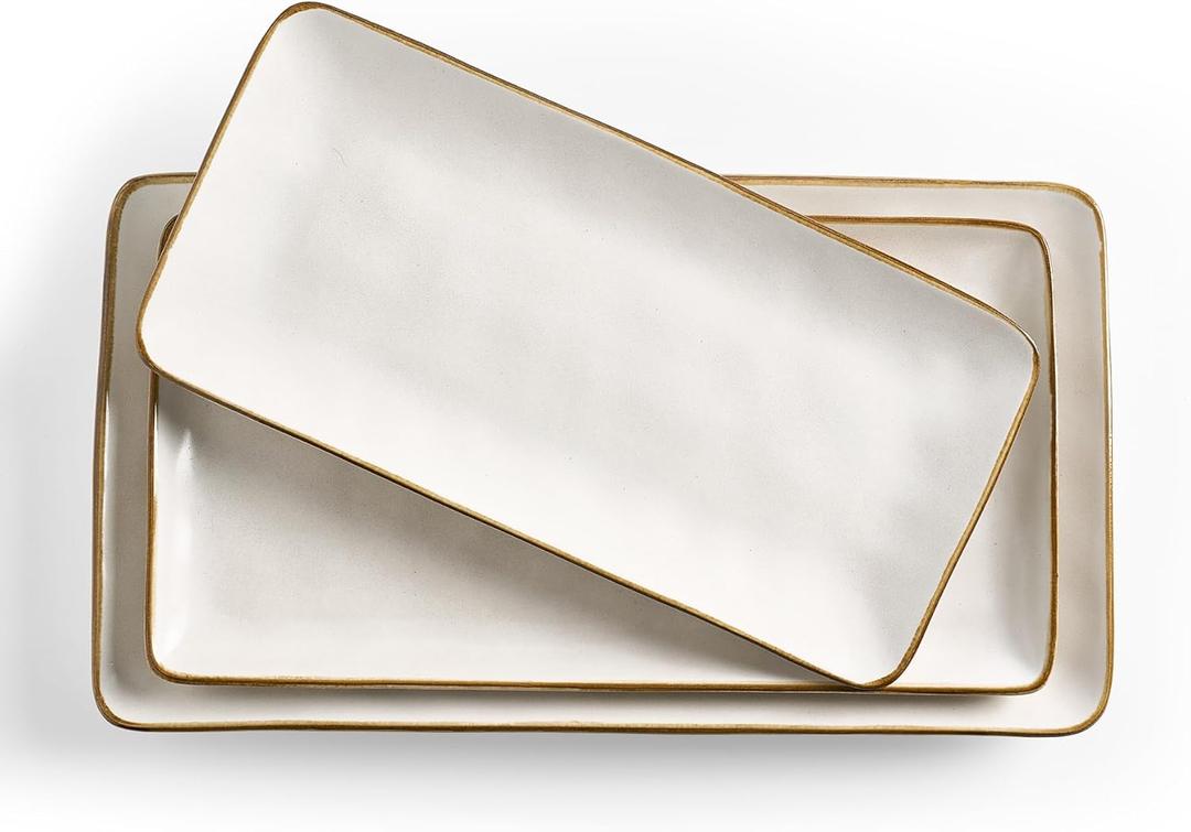 famiware Serving Platter, Rectangular 15.67/ 14.1/ 12.6inch Serving Dishes for Entertaining, Dishwasher Safe, Stoneware Serving Trays for Party, Food, Turkey, Snack, Cheese, Reactive Glaze, Matte White