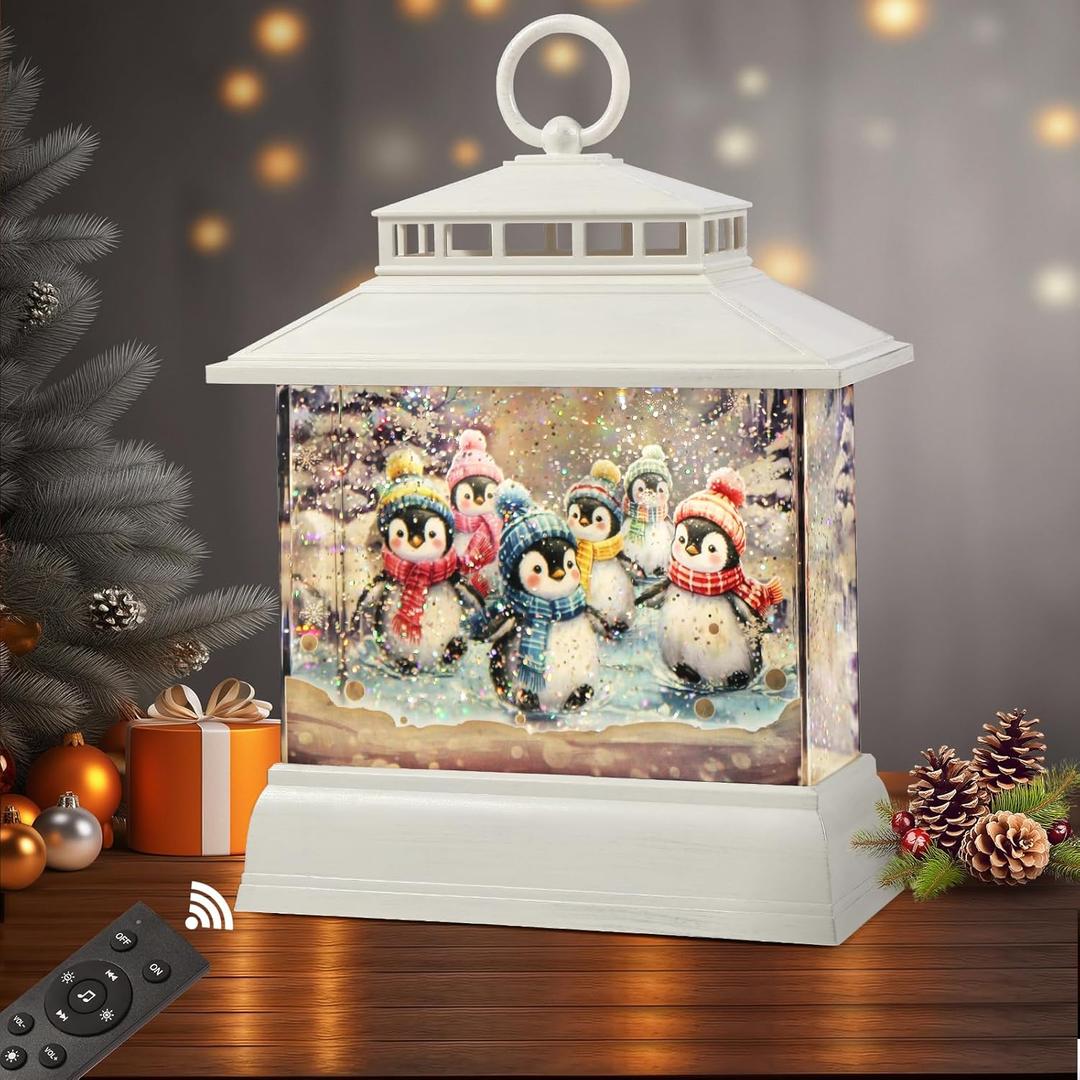 Christmas Snow Globe Lantern Water Glittering Lantern with 8 Songs & 6H Timer Romote Control Christmas Snow Globes USB & Battery Operated for Christmas Festival Decorations Gifts (Penguins)