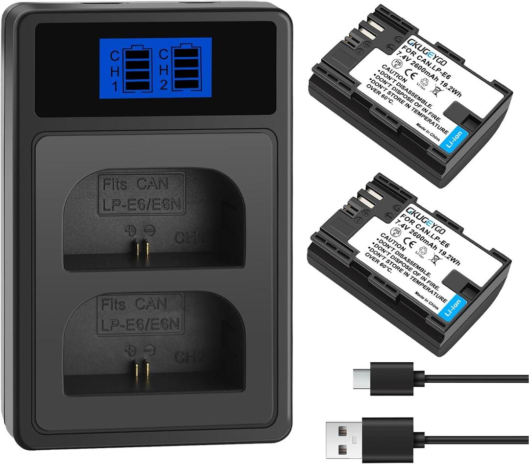 2-Pack LP-E6 LP-E6N Battery and Dual Slot Charger for Canon EOS R7, R6, R5, R, 6D Mark II, 5D Mark IV, 5D Mark III, 5DS, 5DS R, 5D Mark II, 80D, 90D, 6D, 7D, 7D Mark II, C700, XC10, XC15 Camera