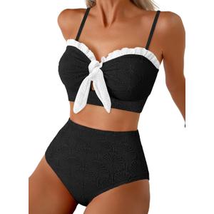 Herseas Women's Seashell Textured Bikini Sets Knotted Front 2 Piece Swimsuits Ruffle Trim Bathing Suits (Black, M)