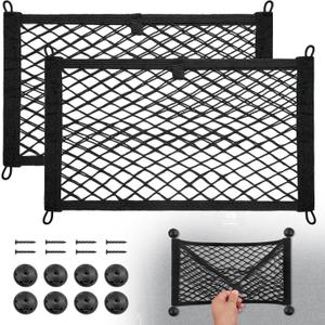 BUMBEE Mesh Cargo Net, Envelope Netting, Elastic Pocket Pouch Bungee Organizer for Car Seat Back RV Wall Trunk, Hooks & Screws Included(17.7'' x 9.8'')