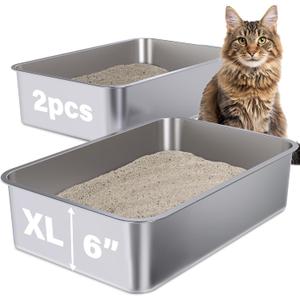 Stainless Steel Litter Box 2 Pack, 23.6" X 15.7" X 6" Steel Litter Box XL No Smell, Extra Large Metal Litterbox for Big Cat, Multiple Cats, Non Stick, Easy Cleaning