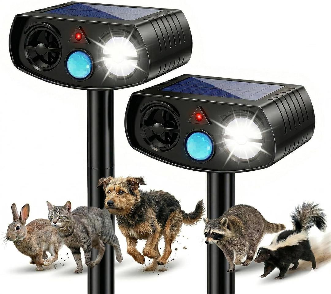 Solar Ultrasonic Animal Repeller Outdoor, Motion Sensor Waterproof Pest Deterrent, Raccoon Skunk Fox Squirrel Rabbit Dog Cat Deer Repellent for Yard Garden Farm, 33ft 120 Coverage, 2 Pack Black