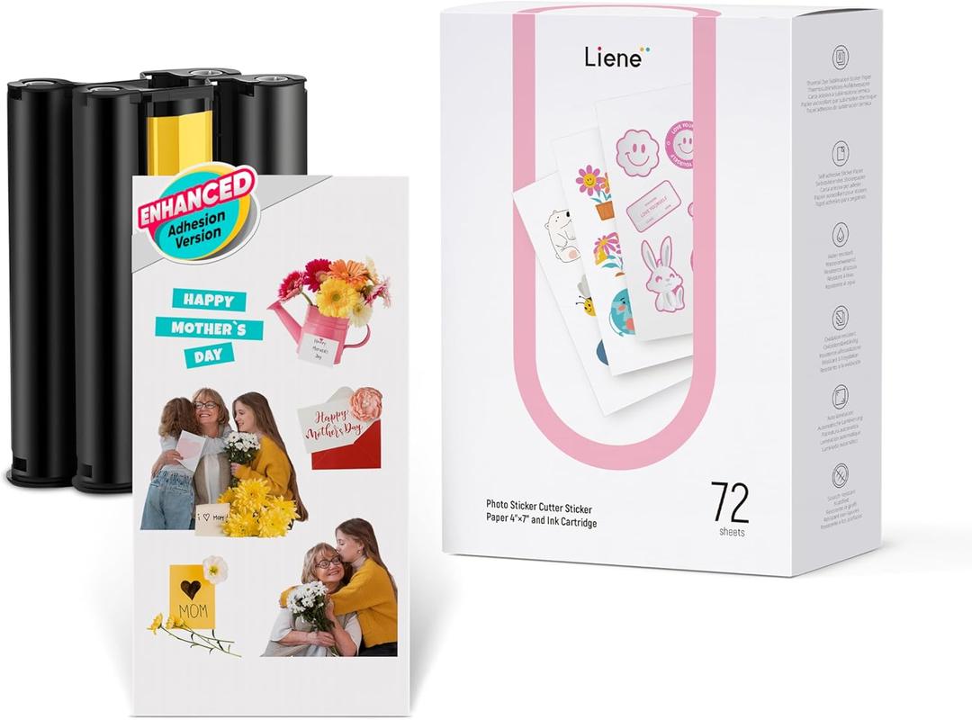 Liene Sticker Paper & Cartridge (Enhanced Adhesion Version) - 2 Ink Cartridge Refills & 72 Sheets 4x7" Photo Paper, Dye Sublimation Waterproof, Compatible with Liene PixCut S1