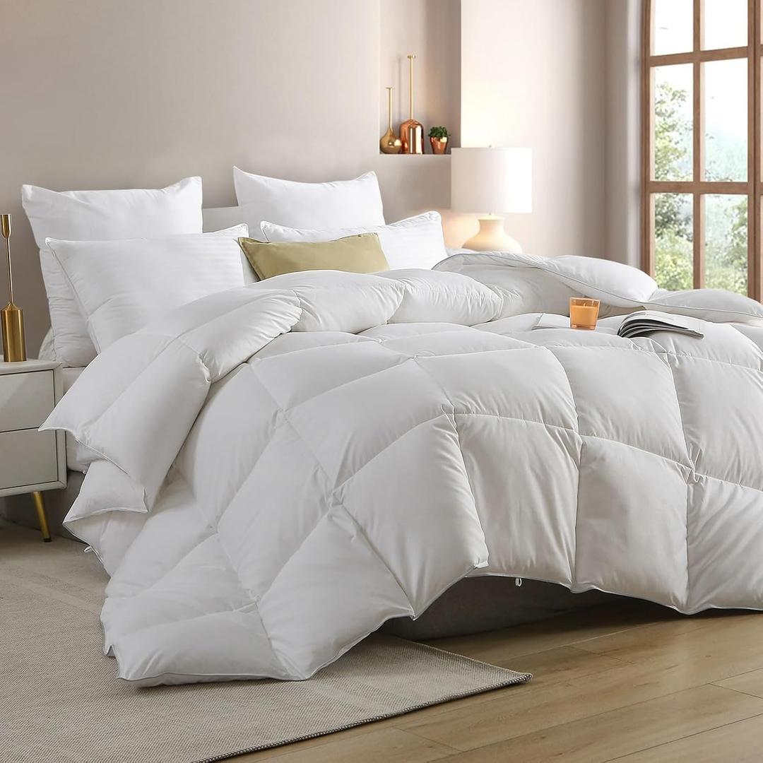 Hotel Luxury All Season Feather Down Comforter Oversized King, Silky Soft Egyptian Cotton Blend Cover, Fluffy Ethically Sourced Feather & Down Fibers Filled Duvet Insert with Ties, 120x98 Inch White