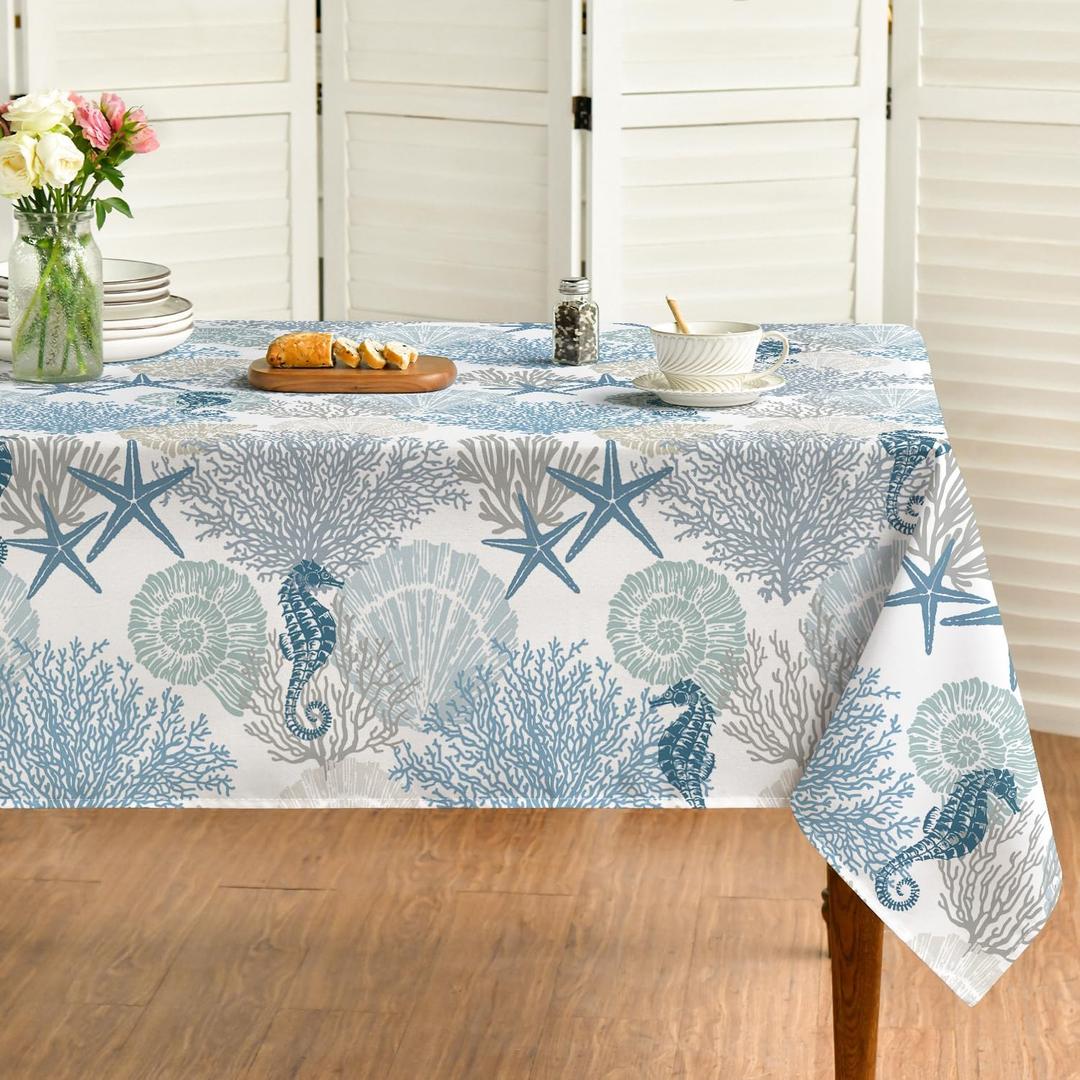 Horaldaily Summer Tablecloth 60104 Inch Rectangular, Sealife Blue Beach Washable Table Cover for Party Picnic Dinner Decor