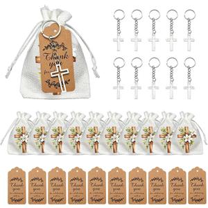 10 Sets Cross Keychain Party Favors, White Lily Burlap Drawstring Bags and Thank You Kraft Tags, Crucifix Key Ring for Communion, Wedding, and Religious Event Souvenirs