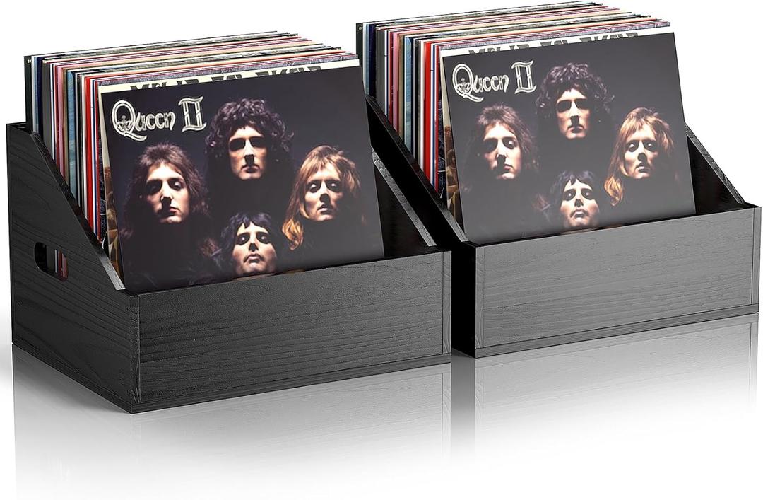 2 Pack Wood Vinyl Record Storage, Retro & Durable Vinyl Crate and Record Holder, Album Storage Record Case Box for 60+ Records, Perfect Record Organizer for Home Decor and Collection Display (Black)