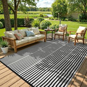 LEEVAN Outdoor Rug Waterproof for Patio Clearance Black and White Camping Rug 8x10 Plastic Straw Striped Floor Carpet for Backyard, Picnic, RV, Deck, Bench, Balcony