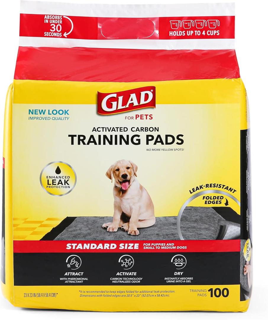 Glad for Pets Black Charcoal Puppy Pads 23" x 23" AllinOne Puppy Potty Training Pads That ABSORB & NEUTRALIZE Urine Instantly New & Improved Quality Puppy Pee Pads, (Pack of 1, 100 Count Total)