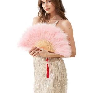 Happy Feather Handheld Marabou Feather Fan, 1920s Vintage Style Flapper Hand Fan for Costume Party and Dancing-Light Pink