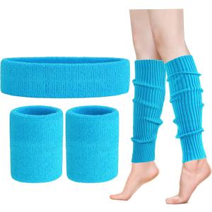 ONUPGO Leg Warmers for Women 80s Sport Headband Wristbands Neon Leg Warmers Set - 80s Workout Clothes 90s Outfit for Women, Neon Blue