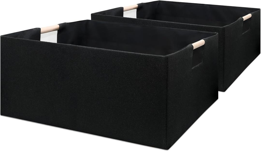 Foldable Fabric Storage Cubes, 2 Packs Cloth Storage Baskets with Wooden Handles, Collapsible Shelf Closet Organizer Bins, Rectangular Storage Boxes for Decor (Black)
