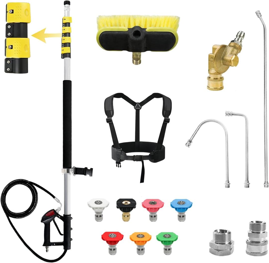 RAYNEL 24FT Telescoping Pressure Washer Wand with Heavy-Duty Lever Lock
Comes with Brush Head,7 Nozzle Tips,2 Hose Adapters and Support Harness