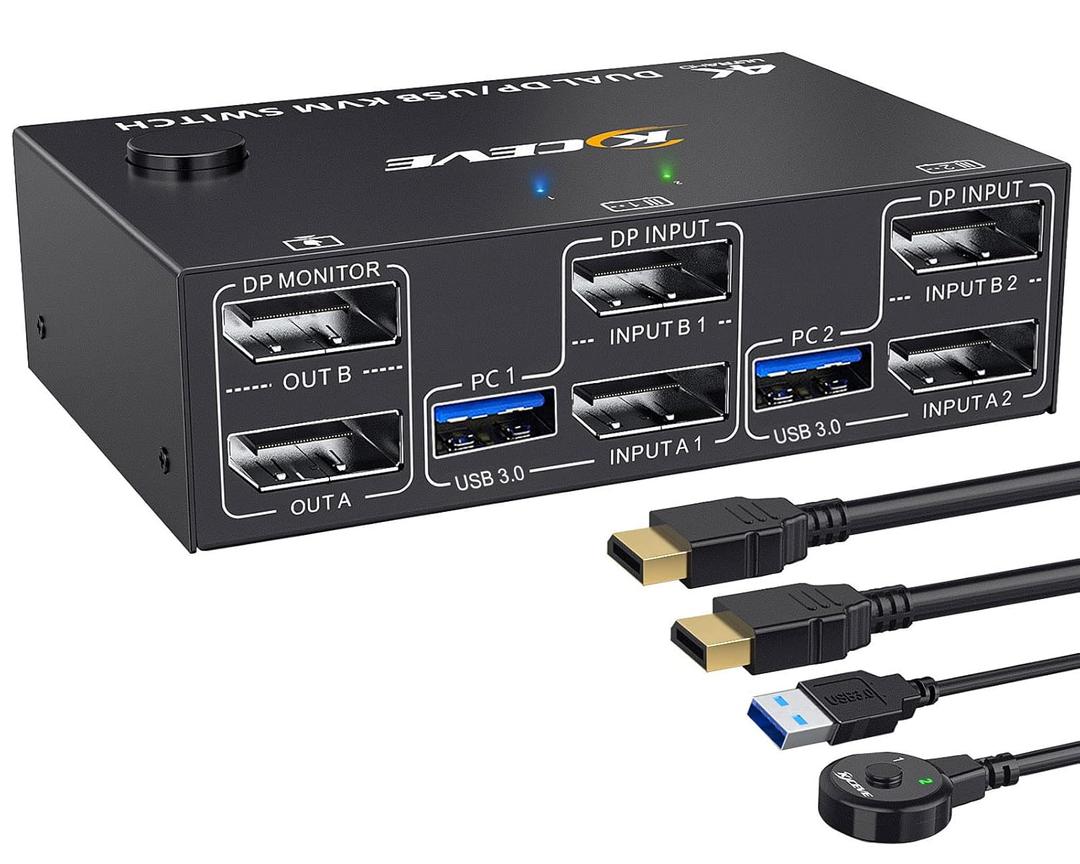 KCEVE KVM Switch 2 Monitors 2 Computers Displayport, USB 3.0 KVM Switch Dual Monitor for 2 Computer Share 4 USB 3.0 Devices, 4K@144Hz, Wired Remote(4K DP 2 in 2 Out KVM)