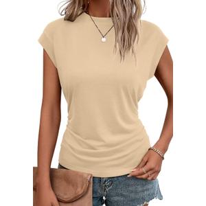 Bliwov Womens Fall Cap Sleeve Tops Business Casual Crewneck T Shirts Trendy Outfits Beach Vacation Clothes Fashion Blouses (X-Large)